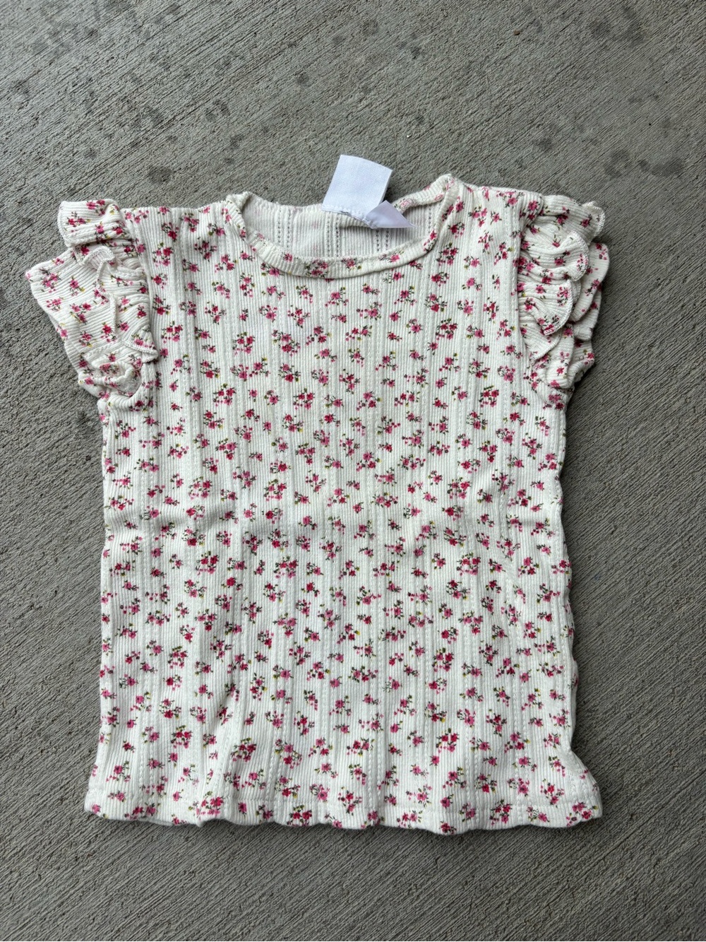 Zara Cream Ribbed Tank Top with Pink Floral Print and Ruffle Sleeves